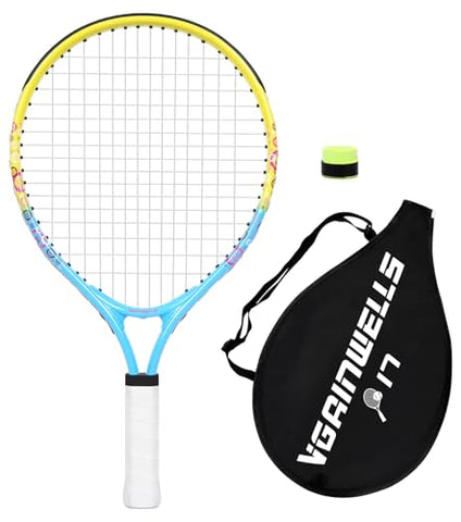 vgainwells 17"-23" Kids Tennis Racket for Aged 2-9, Lightweight and Durable,Including 1 Replacement Grip Tapes and 1 Toddler Tennis Racket（Yellow+Blue）