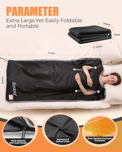 EHINI Infrared Sauna Blanket-Sauna Blanket for Home Use, Portable Design for Relaxation and Detoxification Highest 176℉, 20-60 Minutes Timer, 6 ft x 2.65 ft (Black)