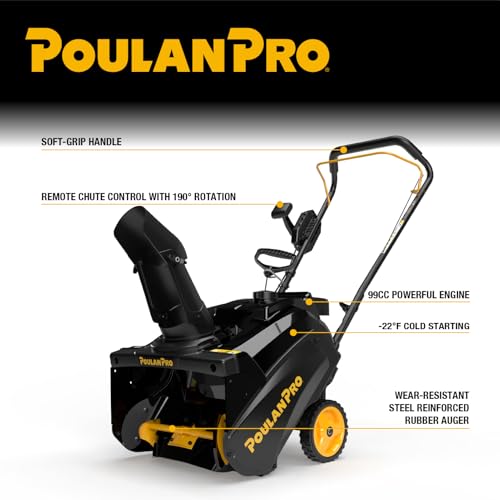 Poulan Pro Snow Blower Gas Powered, Single Stage 18 Inch Gas Snow Thrower with Electric Start, 190° Remote Chute Control, Steel-Reinforced Rubber Auger, Compact, Lightweight Design