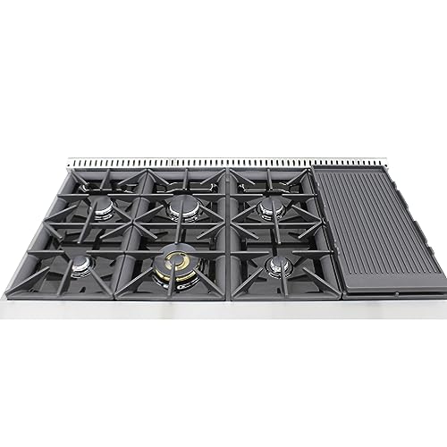 DUURA Elite Gas Range Cooktop, 48-Inch with Double Porcelain Convection Oven and Broil Function, 8 Sealed Burners Continuous Grates with Stainless Steel Construction, 6.7-Cu.Ft, Metallic