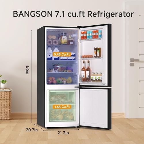 BANGSON 7.1 Cu.Ft Refrigerator with Freezer, Apartment Size Fridge with Bottom Freezer, Large Capacity, Energy Saving, Adjustable Thermostat, Low Noise, Black