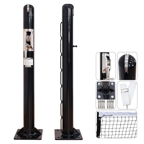 defulion-Premium Pickleball Net Posts, Heavy-Duty 4mm Aluminum Poles with Stainless Steel Internal Winder, Easy Permanent Flange Mount System,Regulation Net,Bring Arena to Your Backyard.