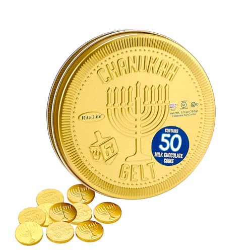 Hanukkah Chocolate Gelt Gold Collectible Tin with 3gr, 50 Gold Foiled Coins, Kosher Dairy Chanukah – Festive Jewish Holiday Party Favors Metal Tin Judaica Hostess Gifts Made in Israel 5.3oz