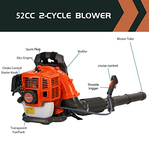 Backpack Gas Powered Leaf Blower, 52CC 550CFM 3HP 2 Stroke Grass Lawn Blower Air Cooling Gasoline Backpack Grass Blower with Air-Cooled, Snow Blower for Outdoor (550CFM 52CC)