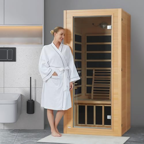 Real Relax 1 Person Infrared Sauna, Indoor Near Zero EMF Canadian Hemlock Wood Sauna with 1400W, 9 Chromo Therapy Lights, Oxygen Lonizer, Bluetooth, LCD Control Pannel for Home Spa Days