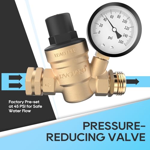 RVGUARD RV Water Pressure Regulator Valve, Brass Lead-Free Adjustable Water Pressure Reducer with Gauge and Inlet Screen Filter for RV Camper Travel Trailer