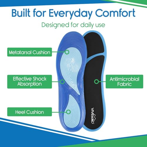 ViveSole Gel Insoles for Men & Women - Shoe Inserts for Walking & Standing All Day - Thin Cushion Soles for Sneakers, Boots - Comfort & Support for Heels, Arch Support, Plantar Fasciitis, Flat Feet