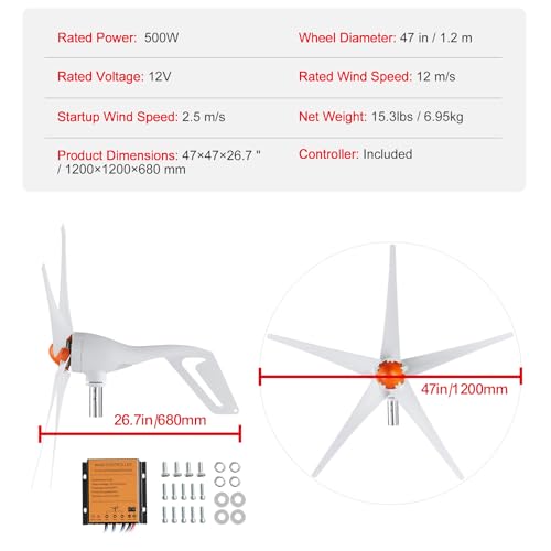 Happybuy 500W Wind Turbine Generator, 12V Wind Power Kit, 5-Blade Wind Generator with MPPT Controller, Adjustable Windward Direction & 2.5m/s Start Wind Speed, Ideal for Home, Farm, RVs, Boats