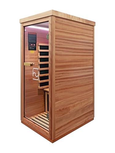 Haoyao Indoor Infrared Hemlock & Okoume 1100W 1-Person MINI Sauna with LED Lights, Bluetooth Speakers – A Gift for Parents or Friends