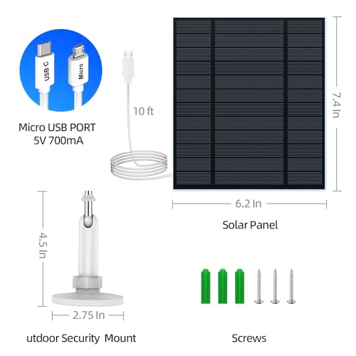 5W Solar Panels for Security Camera, Solar Panel with Micro USB & USB-C Port for DC 5V Outdoor Rechargeable Battery Camera, IP65 Waterproof, 360° Adjustable Security Mount, 9.8ft Cable（1PC）