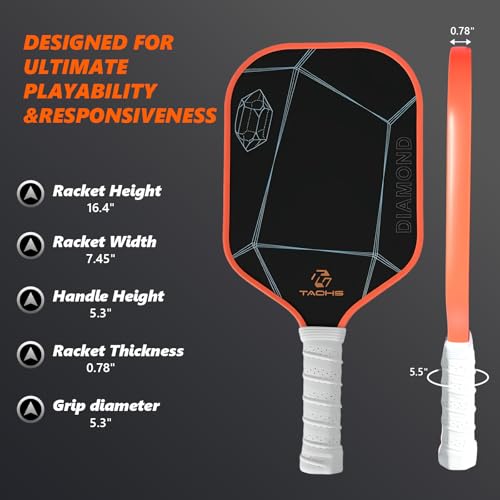 TADHG Diamond T300 Carbon Fiber Surface Pickleball Paddle Set of 2 Textured Finish Lightweight Design for Control Power Intermediate Advanced Players Includes 4 Balls, Bag, and Extra Grips (Orange)