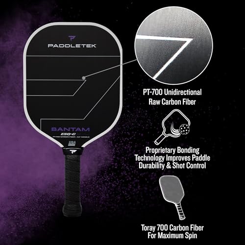 Paddletek Bantam ESQ-C 12.7mm Pickleball Paddle with Polymer Honeycomb Core - Unidirectional RAW Carbon Fiber Pickleball Paddle – Torsional Weighting & Performance Grip - USAPA Approved - 5.5" Handle