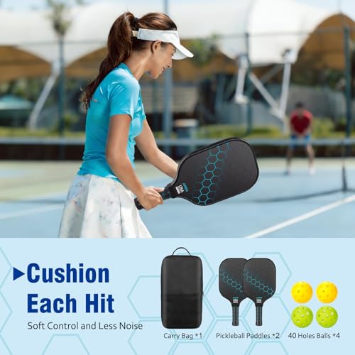Pickleball Paddles Set of 2/4, Lightweight Pickleball Rackets, Durable Fiberglass Surface with Polypropylene Honeycomb Core，Ideal Pickleball Training Equipment and Carry Bag（Blue）