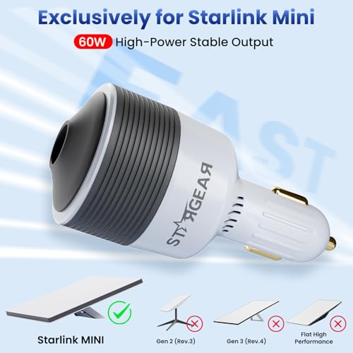 STARGEAR Starlink Mini Car Adapter 12V to 24V DC Step Up Converter with 60W Car Cigarette Lighter Adapter, Starlink Mini 12V Adapters Supports 16 AWG Official 30M, Ideal for RV, Boat, Trailer