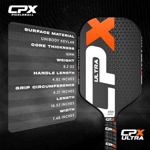 CPX Ultra Series Fiber-Reinforced Friction Surface Pickleball Paddle - 16mm Polypropylene Honeycomb Core, Lightweight for Speed (Black)