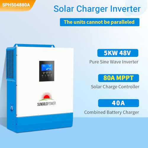 SUNGOLDPOWER UL1741 5000W Hybrid Solar Inverter,48V DC to 110V/120V AC,All in One,80A MPPT Solar Charger and 40A AC Battery Charger Pure Sine Wave for Off Grid System(NO Parallel)