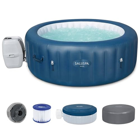 Bestway SaluSpa Milan AirJet 4 to 6 Person Inflatable Hot Tub Round Portable Outdoor Spa with 140 AirJets and EnergySense Energy Saving Cover, Blue