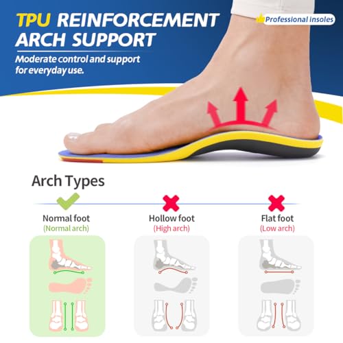 Professional Sport Insoles with Medium Arch Support and Shock Absorption for Plantar Fasciitis and Flat Feet Pain Relief in Men and Women, Orthotics Shoe Insert, Breathable & Anti-Slip, Blue, M