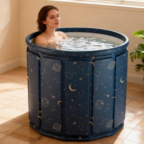 GENDLTHIJ Portable Foldable Hot Cold Bath Tub, Large Portable Hot Cold Bath Tub for Home Outdoors Gyms, Collapsible Soaking Bath Tub for Shower (77Gal) (Blue Planet Insulation Set)