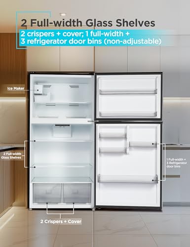 BLACK+DECKER 24 Cu. Ft. Top Mount Refrigerator with Ice Maker, 2-Door Refrigerator with Top Freezer, Freezer with Icemaker and Adjustable Temperature Control, ENERGY STAR, BR2400JIMS, Stainless Look
