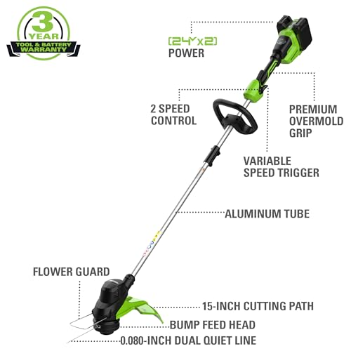 Greenworks 48V (24V x 2) 15" String Trimmer, (2) 2Ah Batteries and 4A Dual Port Charger Included