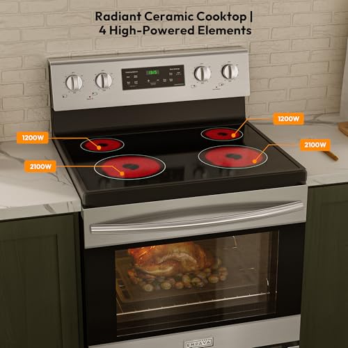 Empava Electric Range, Radiant Ceramic Cooktop with 4.8 Cu. Ft. Oven, 4 Cooking Elements, Steam Cleaning, Freestanding & Slide-in Stove in Stainless Steel,30 Inch, 240V(Power Cord Not Included)