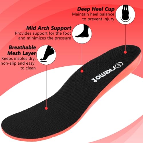 riemot Fitness Running Insoles for Men Comfortable Arch Support Inserts Plantar Fasciitis Relief Insole Cushioning Athletic Gel Insert for Sneakers,Hiking Shoes Black US10.5/ EU43.5