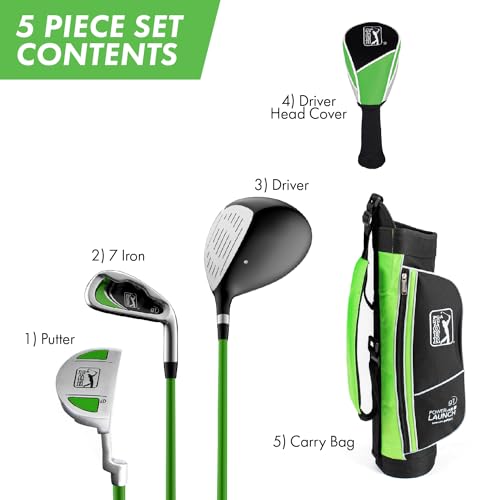 PGA Tour G1 Series Kids Green Golf Club Set with 3 Clubs, Golf Bag & 5 Total Pieces | Golf Clubs and Sets for Heights 3'6" - 4'1" | Complete Youth Golf Club Set