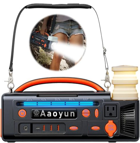Aaoyun Portable Power Station 300W, 296Wh Solar Generator with 100W USB-C In/Output, Night Light & LED Flashlight, Compact Camping Battery with Strap for Outdoor CPAP Home Backup Emergency
