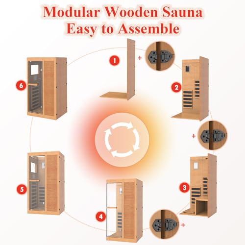ROCSUMOO Infrared Sauna for 1 Person, Wooden Dry Sauna Room with backrest, 960W/120V Low EMF Indoor Saunas with Control Panel, 7-Color Therapy&Timer, Bluetooth Speakers for Home