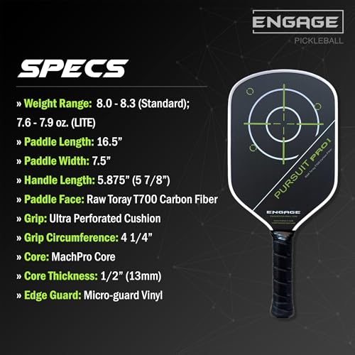 Engage Pursuit Pro1 Pickleball Paddle - Raw T700 Toray Carbon Fiber for Extreme Spin - MachPro Core for Maximum Power & Control (Alpine Lime, Light Weight (7.6-7.9oz))
