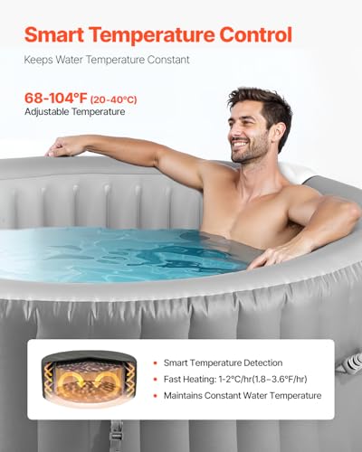 VEVOR Inflatable Hot Tub, 6 to 8 Person Capacity, 94.5 x 26in Round Portable Outdoor Spa, with 130 Soothing Jets, Headrest, LED Light, Cover, Multi-Function Control Panel, PVC Outdoor Hot Tub, Grey