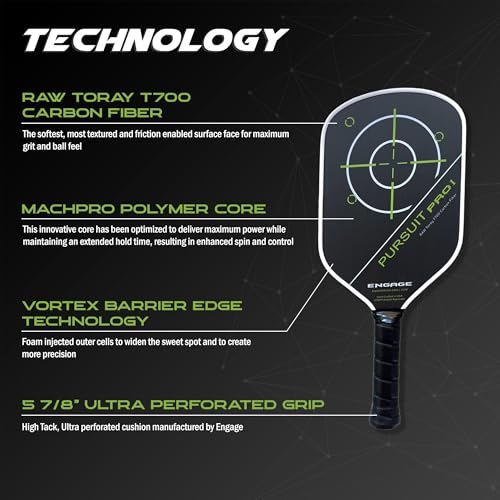 Engage Pursuit Pro1 Pickleball Paddle - Raw T700 Toray Carbon Fiber for Extreme Spin - MachPro Core for Maximum Power & Control (Alpine Lime, Light Weight (7.6-7.9oz))