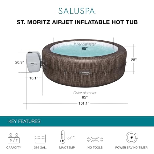 Bestway SaluSpa St Moritz Large Round AirJet 7 Person Inflatable Hot Tub Portable Outdoor Spa with 180 Soothing AirJets and Cover, Brown