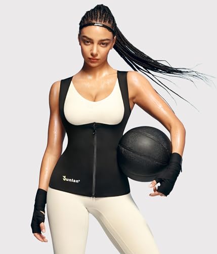 Junlan Sauna Suit for Women Waist Trainer Vest for Women Sweat Tank Top Shaper for Women with Zipper (Black, Large)