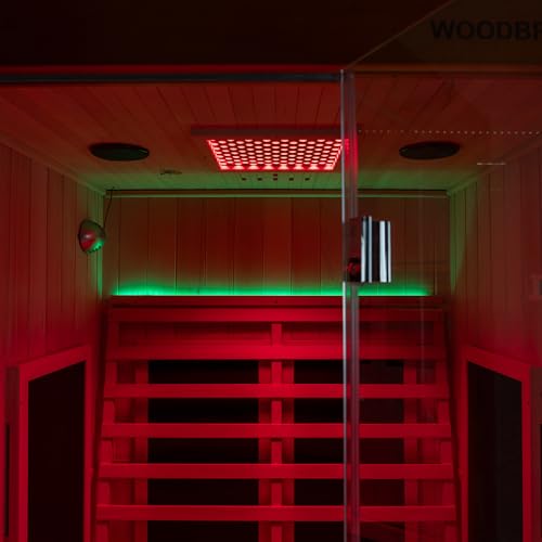 Woodbridge Infrared Home Sauna Room 2 Person Japanese Cedar Indoor Sauna with 7 Carbon Heaters, Red Light Therapy, Bluetooth Speaker, Intelligent Control Panel, Tempered Glass & Top Vent