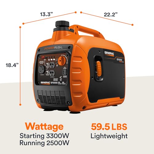 Generac 3,300-Watt Gas Powered Portable Inverter Generator - Lightweight and Compact - USB Ports for Device Charging - Produces Clean, Stable Power - Great for Home Backup, Camping, and RV Use
