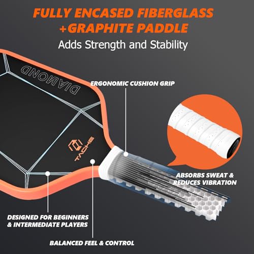 TADHG Diamond T300 Carbon Fiber Surface Pickleball Paddle Set of 2 Textured Finish Lightweight Design for Control Power Intermediate Advanced Players Includes 4 Balls, Bag, and Extra Grips (Orange)