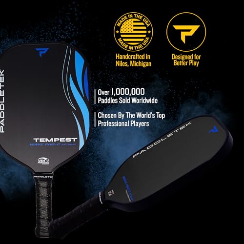 Paddletek Tempest Wave PRO-C 14.3mm - USAPA Approved Pickleball Paddles with Polymer Honeycomb Core - PT-700 Unidirectional Carbon Fiber – Torsional Weighting & High Tack Performance Grip