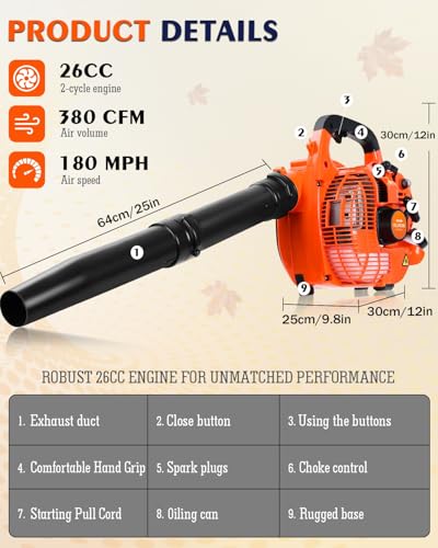 Relxxon Gas Leaf Blower 26cc Handheld, Powerful 2-Cycle Engine, 180 MPH 380 CFM, Lightweight Quick-Start for Lawn Care, Yard Debris & Light Snow (RX1869)