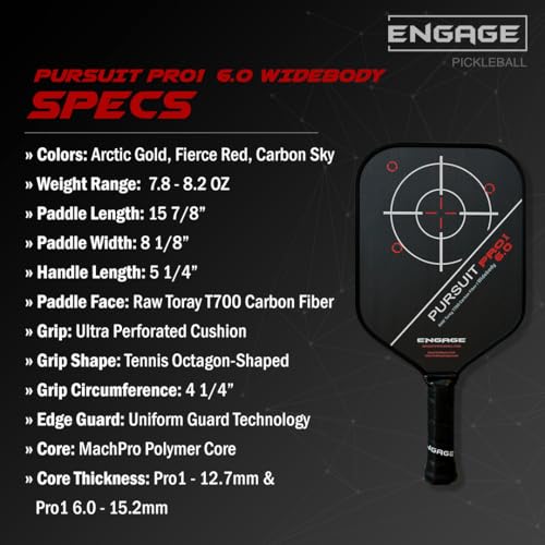 Engage Pursuit Pro1 6.0 Widebody Carbon Pickleball Paddle - 8.0 oz, 15.2mm MachPro Core, 8 1/8” Wide Raw Carbon Fiber, Made in USA (Fierce-Red, Widebody)