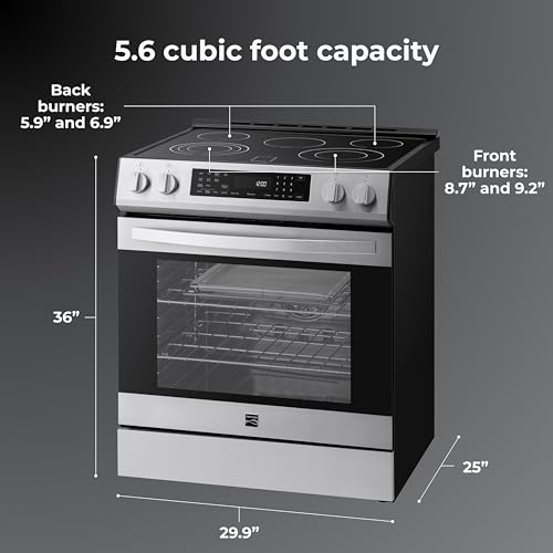 Kenmore 5.6 cu. ft. Front Control Electric Range Oven with 5 Elements - True Convection, Air Fry, Self Clean Oven, Temperature Probe, Ultra Durable Chrome Racks, Large Window - Stainless Steel