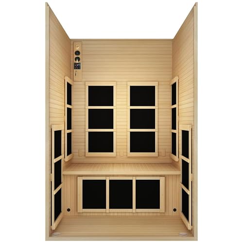 JNH Lifestyles Joyous 2-Person Low EMF FAR Infrared Sauna with Color Light Therapy for Home Indoor Spa Use - 7 Carbon Fiber Heaters, Canadian Hemlock Wood