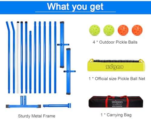 Zdgao Portable Pickleball Set with Net for Driveway with 4 Pickle Balls, 22FT Pickleball Net Regulation Size with Carrying Bag and Weather Resistance Strong Steel Frame