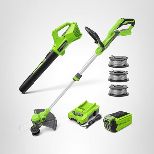 Greenworks 40V Cordless Yard Tool Combo Kit with 2.0Ah Battery & Charger – 13" Auto Feed String Trimmer and 350 CFM Leaf Blower, Includes 3 Bonus Spools