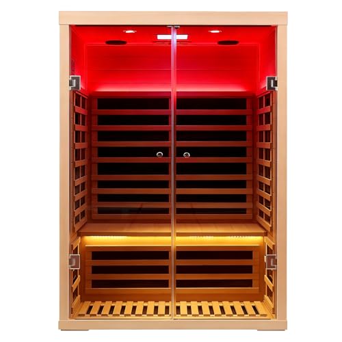 Smart App Control 2 Person Ultra Low EMF (＜5mG) Far Infrared Sauna for Home,1780W Hemlock Indoor Sauna Spa with Touch Panel, Insulation Cover, Bluetooth Speaker, Chromatherapy Light, Reading Light