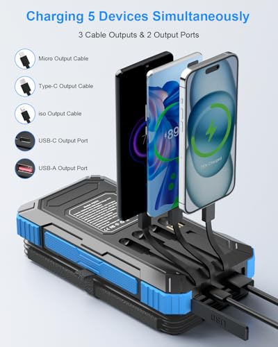 Kepswin Solar Charger Power Bank 49800mAh with 4 Built-in Cables & 3 Foldable Panels, PD22.5W Fast Portable Phone Charger, External Battery Pack with USB-C in/Output & Flashlight for Outdoor Camping