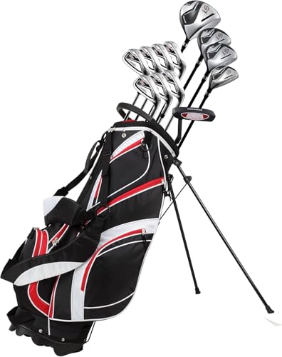 Precise S7 Complete Golf Club Set for Men - Right Handed Tall Mens Golf Clubs Full Set w/Driver, Woods, Hybrid, Irons, Putter, Wedge, Stand Bag & Headcovers - Beginner Friendly Package - Black/Red