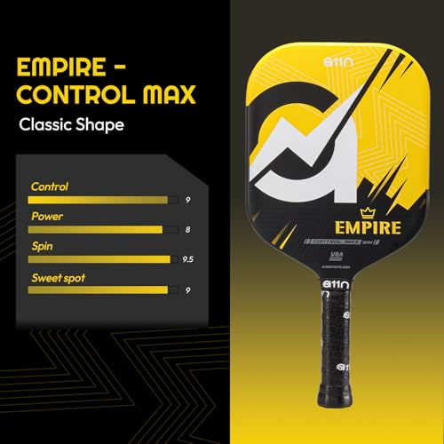 A11N Empire Edgeless Pickleball Paddle – Carbon Fiber Paddle with Longer Handle Design for Double-Handed Backhand & SuperGrit Surface Texture Technology, ControlMax - Wide Body Shape, Yellow