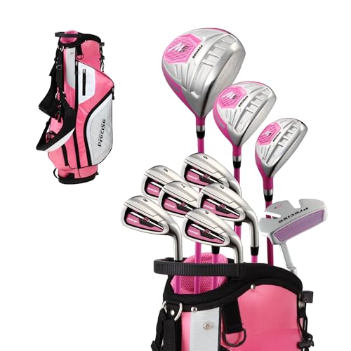 Precise M5 Womens Golf Clubs Full Set, Titanium Driver, S.S. Fairway, S.S. Hybrid, S.S. 5-PW Irons, Putter, Stand Bag, 3 H/C's, Golf Clubs Women Right Handed, Pink
